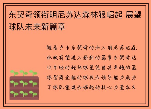 东契奇领衔明尼苏达森林狼崛起 展望球队未来新篇章