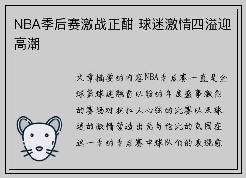NBA季后赛激战正酣 球迷激情四溢迎高潮