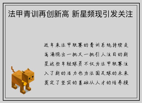 法甲青训再创新高 新星频现引发关注